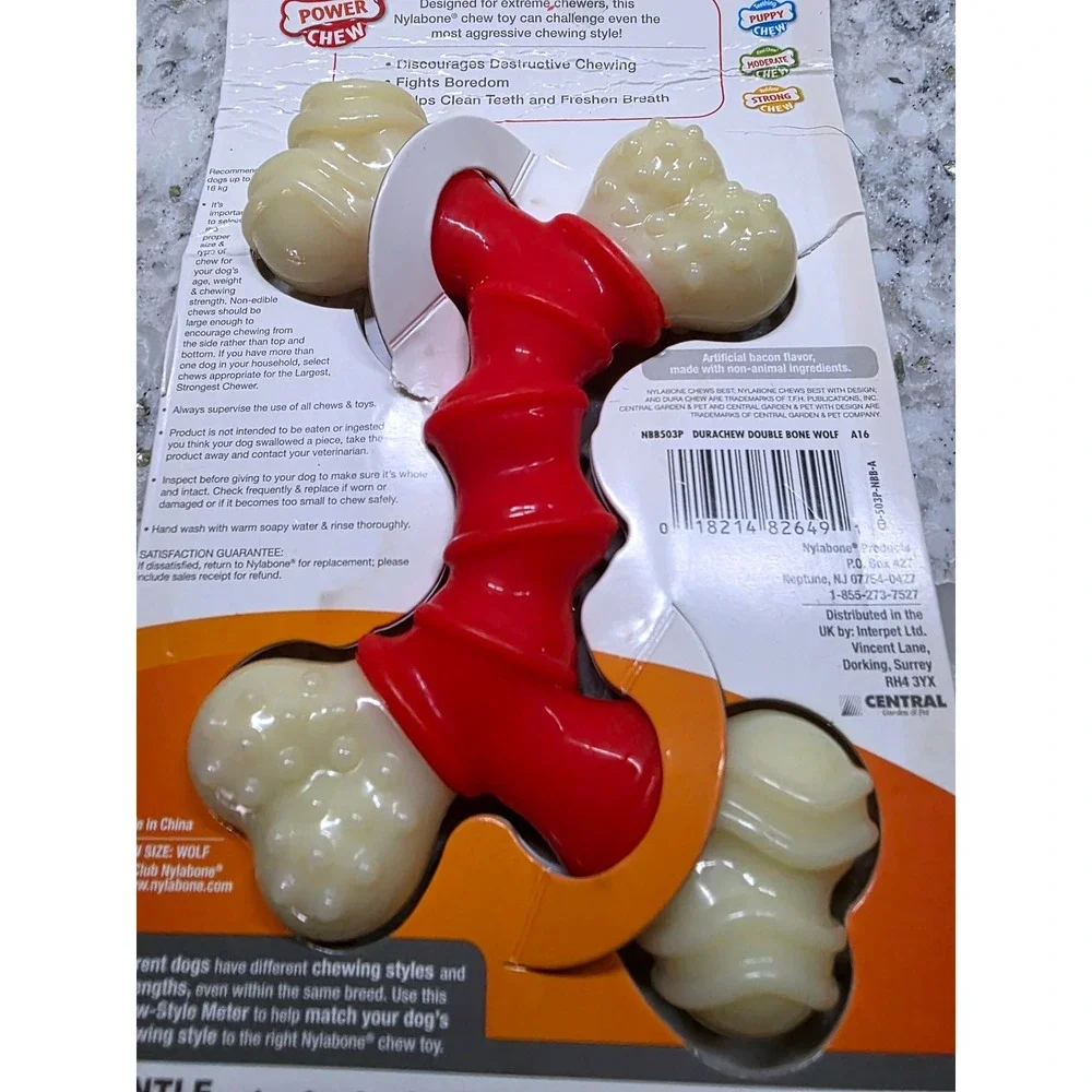 Nylabone DuraChew Power Chew Double Bone Wolf Bacon Flavor NBB503P NWT